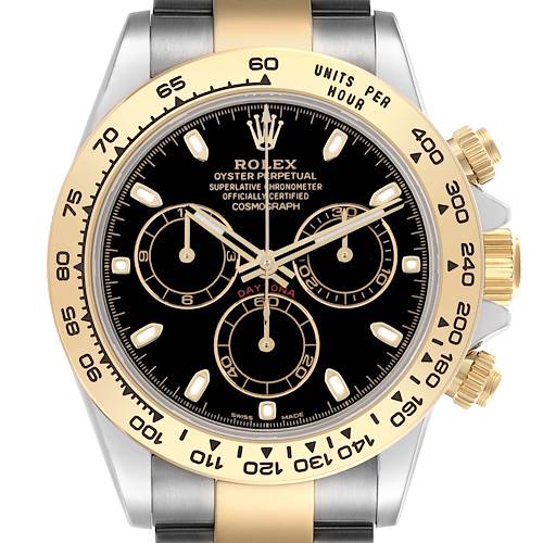 The Rolex Daytona 116503-0004 Men's Steel and Gold (two tone) Black Dial 116503-0004 Men's Steel and Gold (two tone) Black Dial watch is shown from the front, highlighting its bezel, crown, and chronograph subdials.
