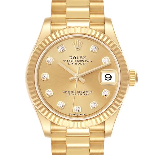 The Rolex President 278278 Women's Yellow Gold Champagne Dial 278278 Women's Yellow Gold Champagne Dial model watch is shown from a front angle, highlighting the gold dial, fluted bezel, and day/date features.