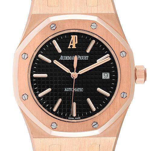 This image shows a frontal view of an Audemars Piguet Royal Oak 15300OR.OO.D002CR.01 Men's Rose Gold Black Dial 15300OR.OO.D002CR.01 Men's Rose Gold Black Dial watch, highlighting the dial, bezel, and crown.
