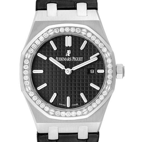 The image shows a front view of a Royal Oak watch by Audemars Piguet featuring a black dial, diamond bezel, and leather strap.