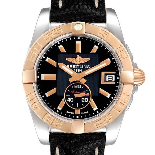 This Breitling Galactic C37330 Men's Steel and Gold (two tone) Black Dial C37330 Men's Steel and Gold (two tone) Black Dial watch is shown from the front, displaying the dial, bezel, hands, date window, and part of the strap.