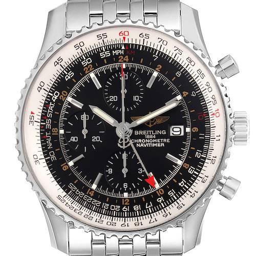 The image shows a front view of a Breitling Navitimer A24322 Men's Stainless Steel Black Dial A24322 Men's Stainless Steel Black Dial watch, displaying its dial, bezel, and bracelet.