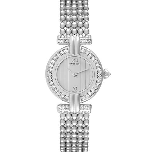 The image shows a front view of the Cartier Colisee 1981 Women's White Gold Silver Dial 1981 Women's White Gold Silver Dial model watch, highlighting its round dial, Roman numerals, and beaded bracelet.