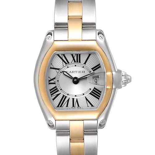 This image shows a front view of a Cartier Roadster W62026Y4 Women's Steel and Gold (two tone) Silver Dial W62026Y4 Women's Steel and Gold (two tone) Silver Dial watch, focusing on its face and bracelet.