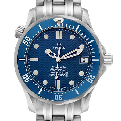 The image shows a front view of the Omega Seamaster 2551.80.00 Men's Stainless Steel Blue Dial 2551.80.00 Men's Stainless Steel Blue Dial watch, highlighting the dial, bezel, and part of the bracelet.