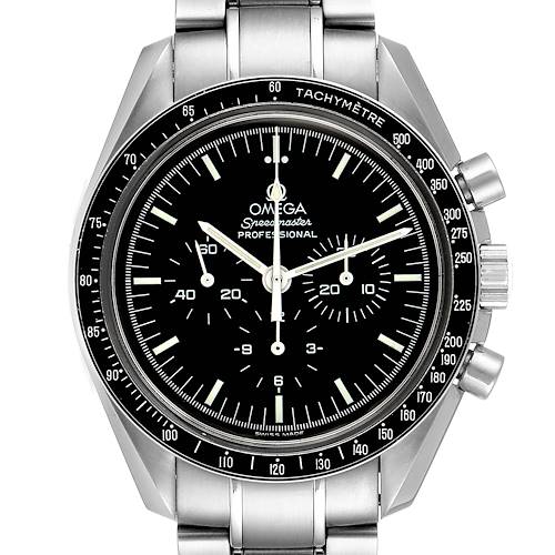 The image shows a front view of the Omega Speedmaster 3574.51.00 Men's Stainless Steel Black Dial 3574.51.00 Men's Stainless Steel Black Dial Professional watch, highlighting its dial, bezel, and metal bracelet.