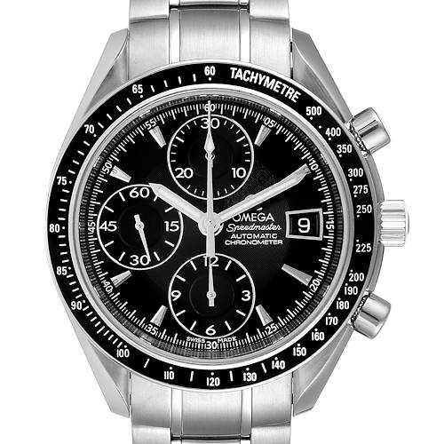 The image shows a front view of the Omega Speedmaster 3210.50.00 Men's Stainless Steel Black Dial 3210.50.00 Men's Stainless Steel Black Dial watch, displaying its dial, bezel, chronograph subdials, and bracelet.