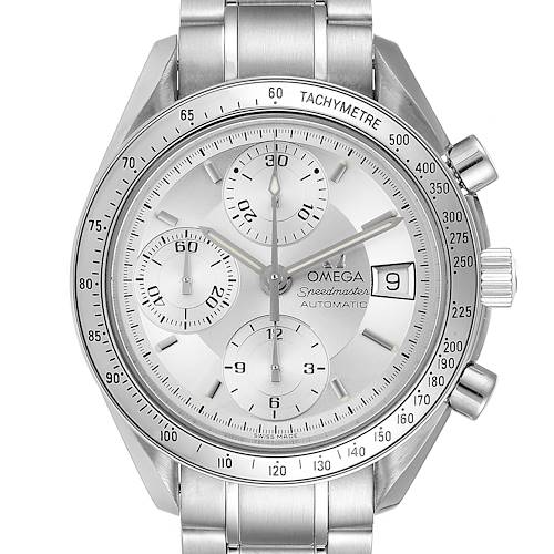 The image shows a frontal view of an Omega Speedmaster 3513.30.00 Men's Stainless Steel Silver Dial 3513.30.00 Men's Stainless Steel Silver Dial watch, highlighting its dial, bezel, and chronograph features.