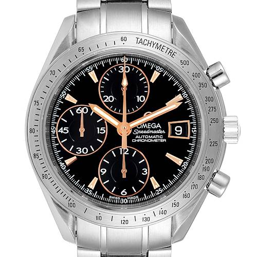 The image shows a frontal view of the Omega Speedmaster 3211.50.00 Men's Stainless Steel Black Dial 3211.50.00 Men's Stainless Steel Black Dial watch, displaying the dial, chronograph subdials, and date window.