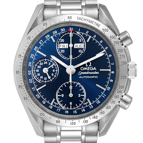 The image shows a front view of an Omega Speedmaster 3521.80.00 Men's Stainless Steel Blue Dial 3521.80.00 Men's Stainless Steel Blue Dial watch, highlighting its blue dial, tachymeter bezel, and chronograph sub-dials.