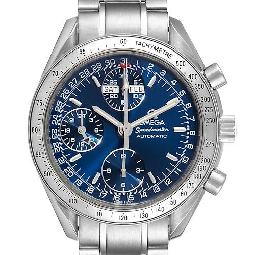The Omega Speedmaster 3523.80.00 Men's Stainless Steel Blue Dial 3523.80.00 Men's Stainless Steel Blue Dial watch is shown head-on, highlighting its blue dial, stopwatch, and stainless steel bracelet.