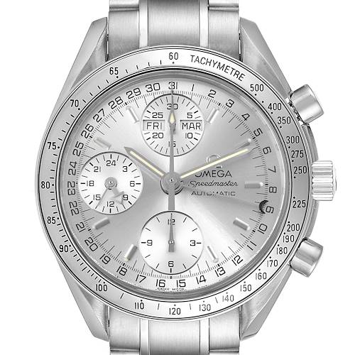 The image shows a frontal close-up view of an Omega Speedmaster 3523.30.00 Men's Stainless Steel Silver Dial 3523.30.00 Men's Stainless Steel Silver Dial watch, highlighting the dial, bezel, and chronograph subdials.