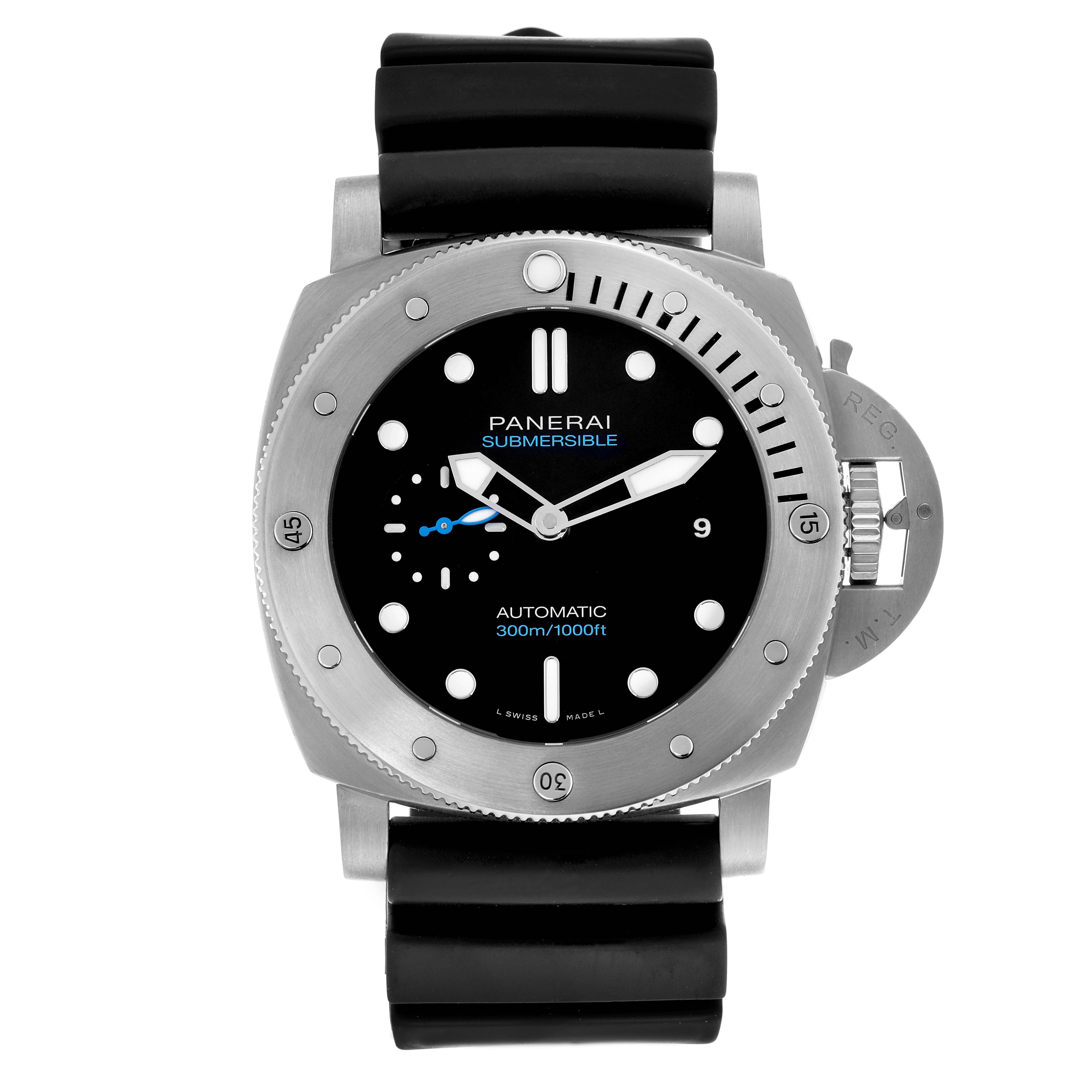 The Panerai Luminor PAM01305 Men's Stainless Steel Black Dial PAM01305 Men's Stainless Steel Black Dial watch is shown from the front, displaying the bezel, crown guard, and strap clearly.
