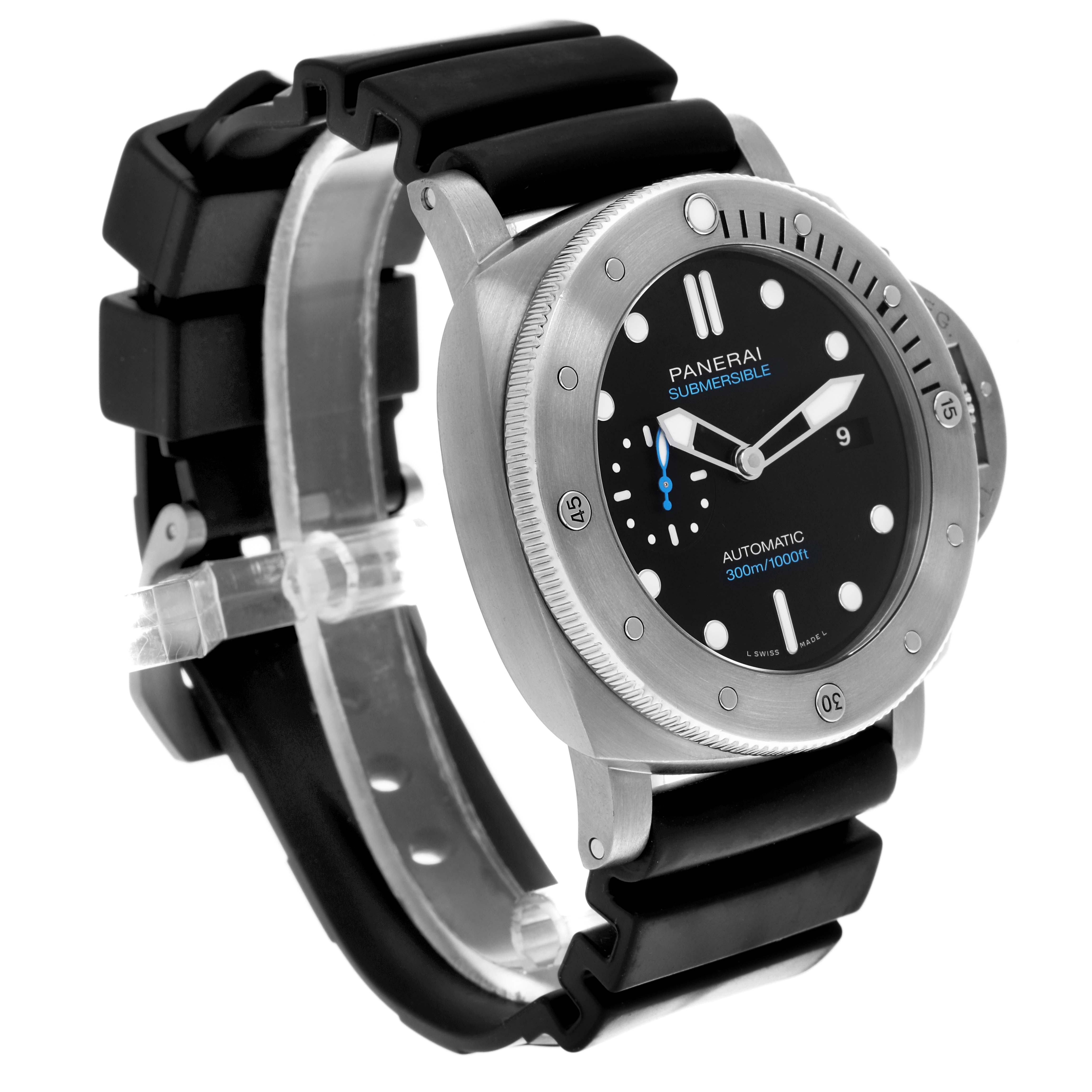 The Panerai Luminor PAM01305 Men's Stainless Steel Black Dial PAM01305 Men's Stainless Steel Black Dial watch is shown from a front-side angle, featuring the dial, bezel, lugs, and rubber strap.