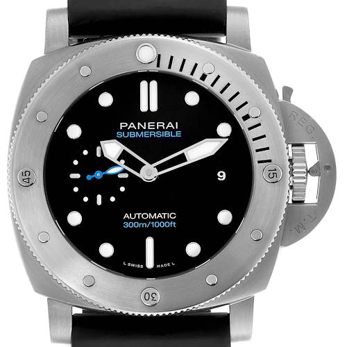 The Panerai Luminor PAM01305 Men's Stainless Steel Black Dial PAM01305 Men's Stainless Steel Black Dial model is shown from the front, displaying the dial, hands, bezel, and crown protector.