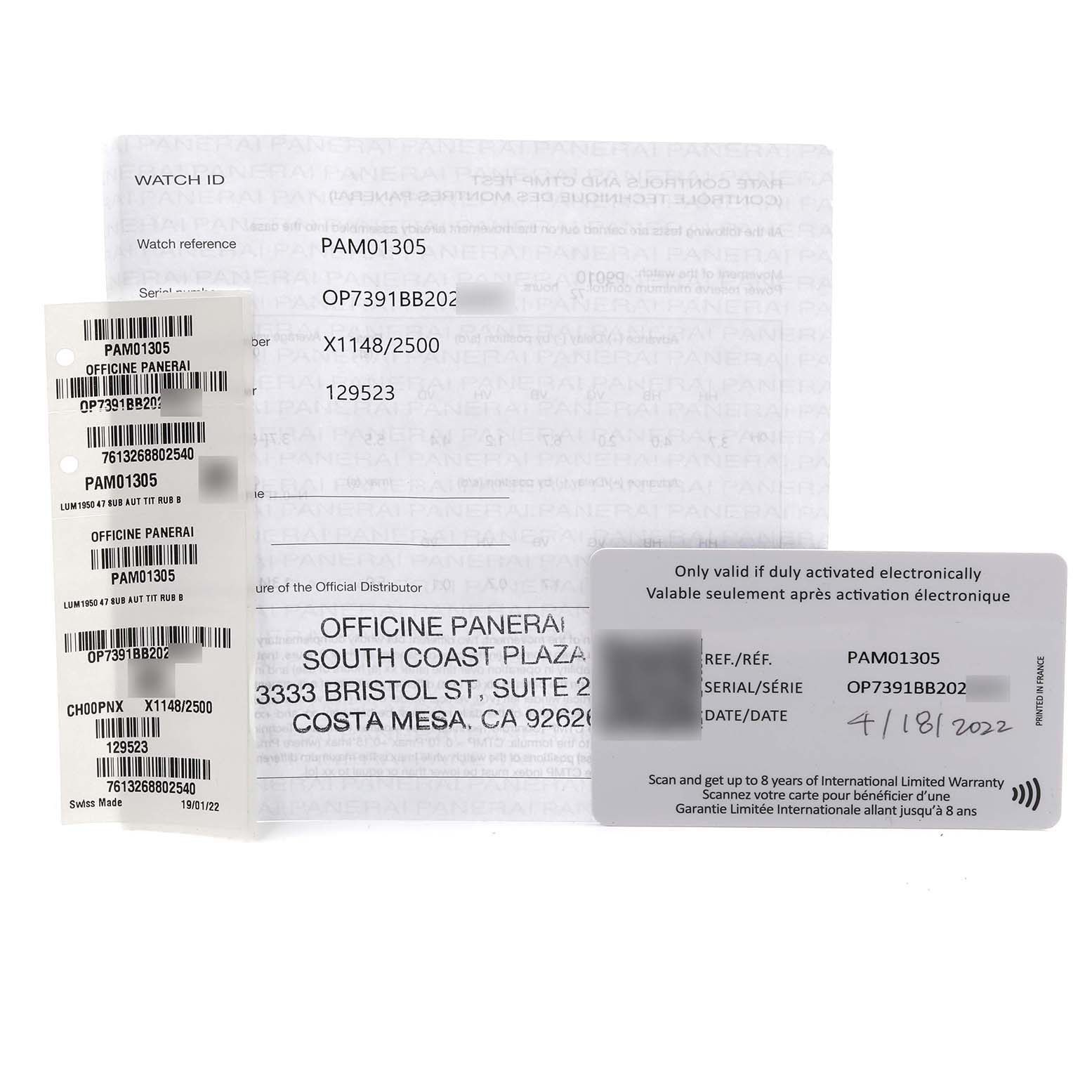 The image shows documentation and labels for a Panerai Luminor PAM01305 Men's Stainless Steel Black Dial PAM01305 Men's Stainless Steel Black Dial watch, including a warranty card and certificate of authenticity.