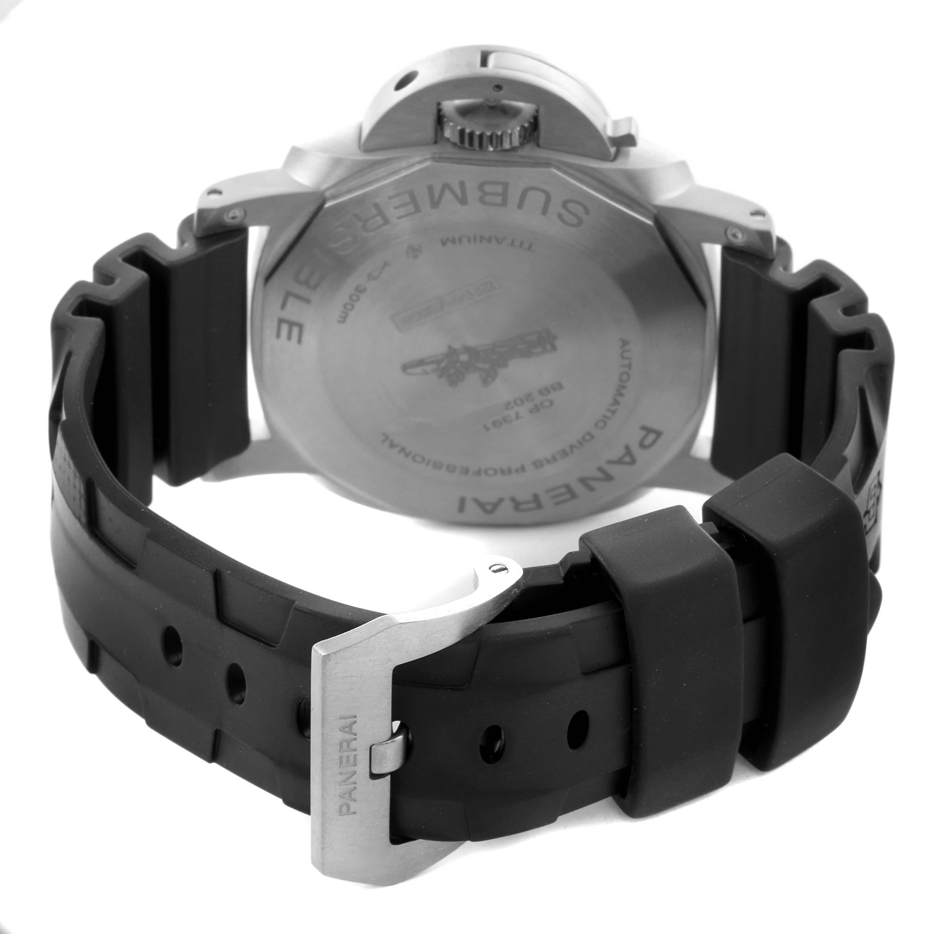 The image shows the back view of the Panerai Luminor PAM01305 Men's Stainless Steel Black Dial PAM01305 Men's Stainless Steel Black Dial watch, highlighting the case back and rubber strap.