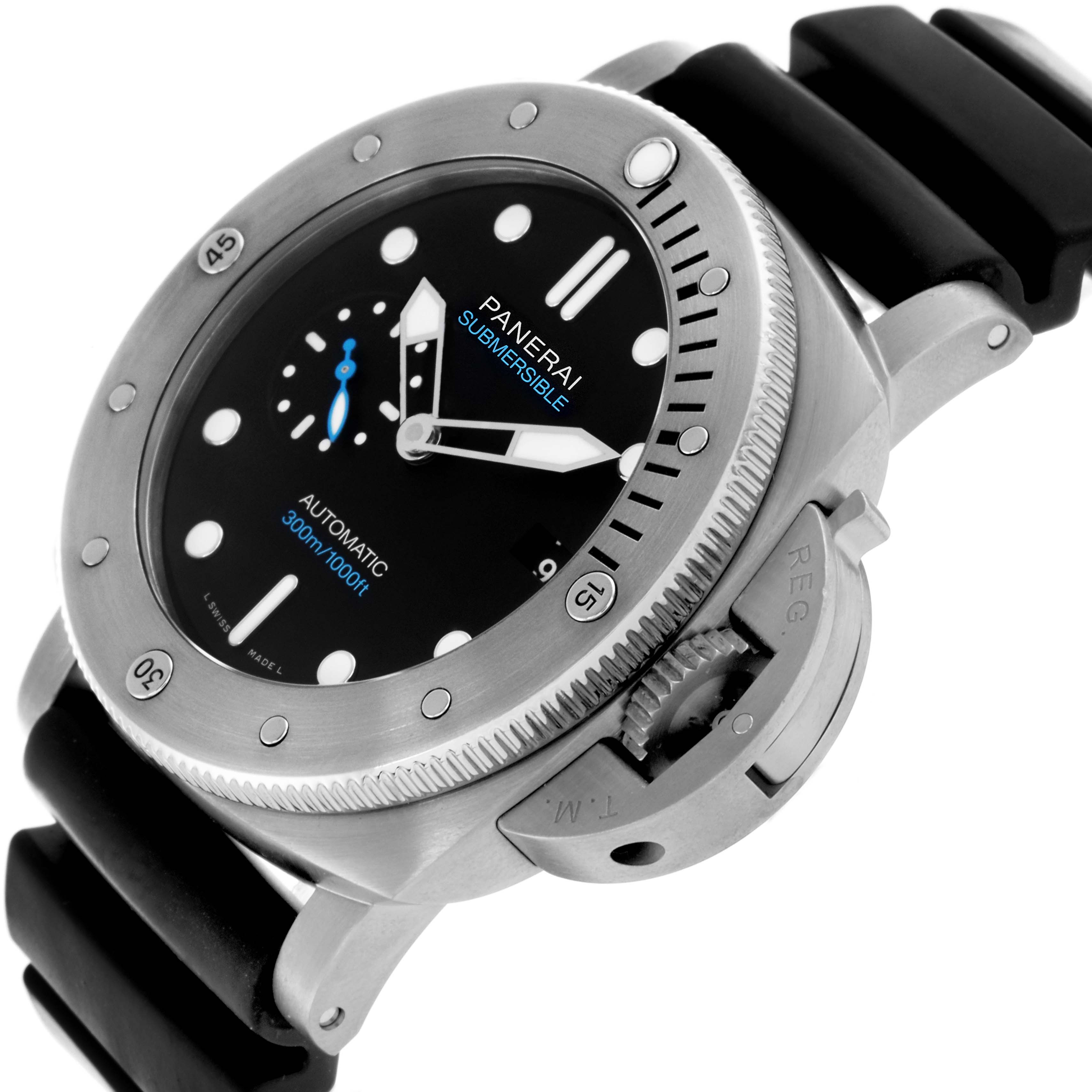 The Panerai Luminor PAM01305 Men's Stainless Steel Black Dial PAM01305 Men's Stainless Steel Black Dial watch is shown at an angle highlighting the dial, bezel, and crown guard.