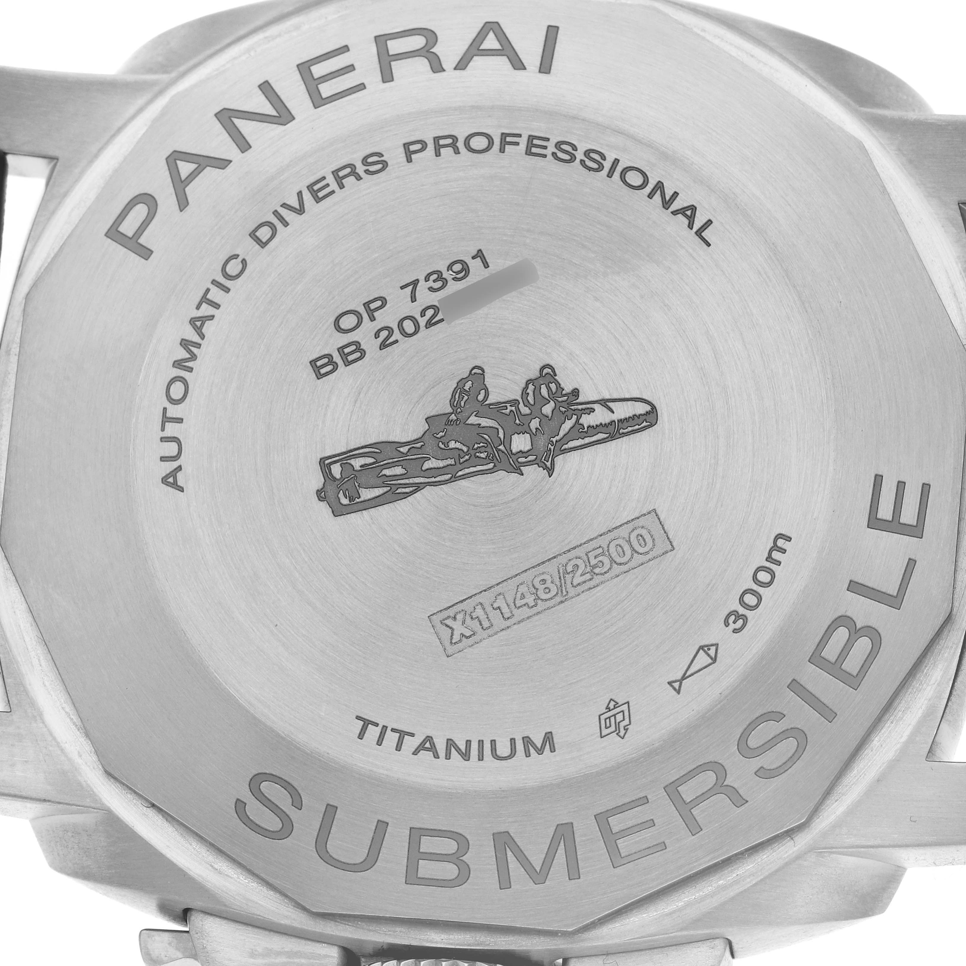 The image shows the case back of a Panerai Luminor PAM01305 Men's Stainless Steel Black Dial PAM01305 Men's Stainless Steel Black Dial Submersible watch, highlighting engraved details and branding.