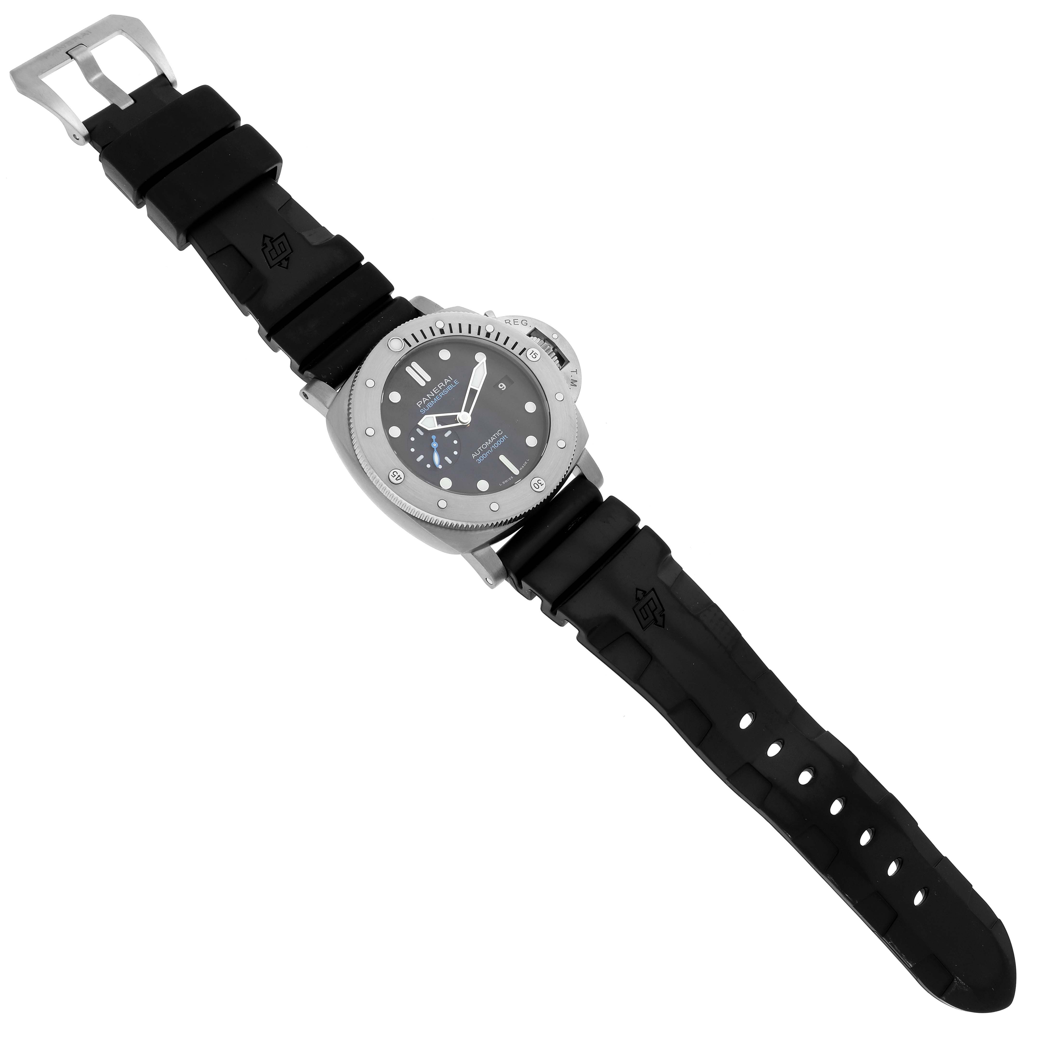 The Panerai Luminor PAM01305 Men's Stainless Steel Black Dial PAM01305 Men's Stainless Steel Black Dial watch is shown from a top-down angle, featuring its face, bezel, and black rubber strap.