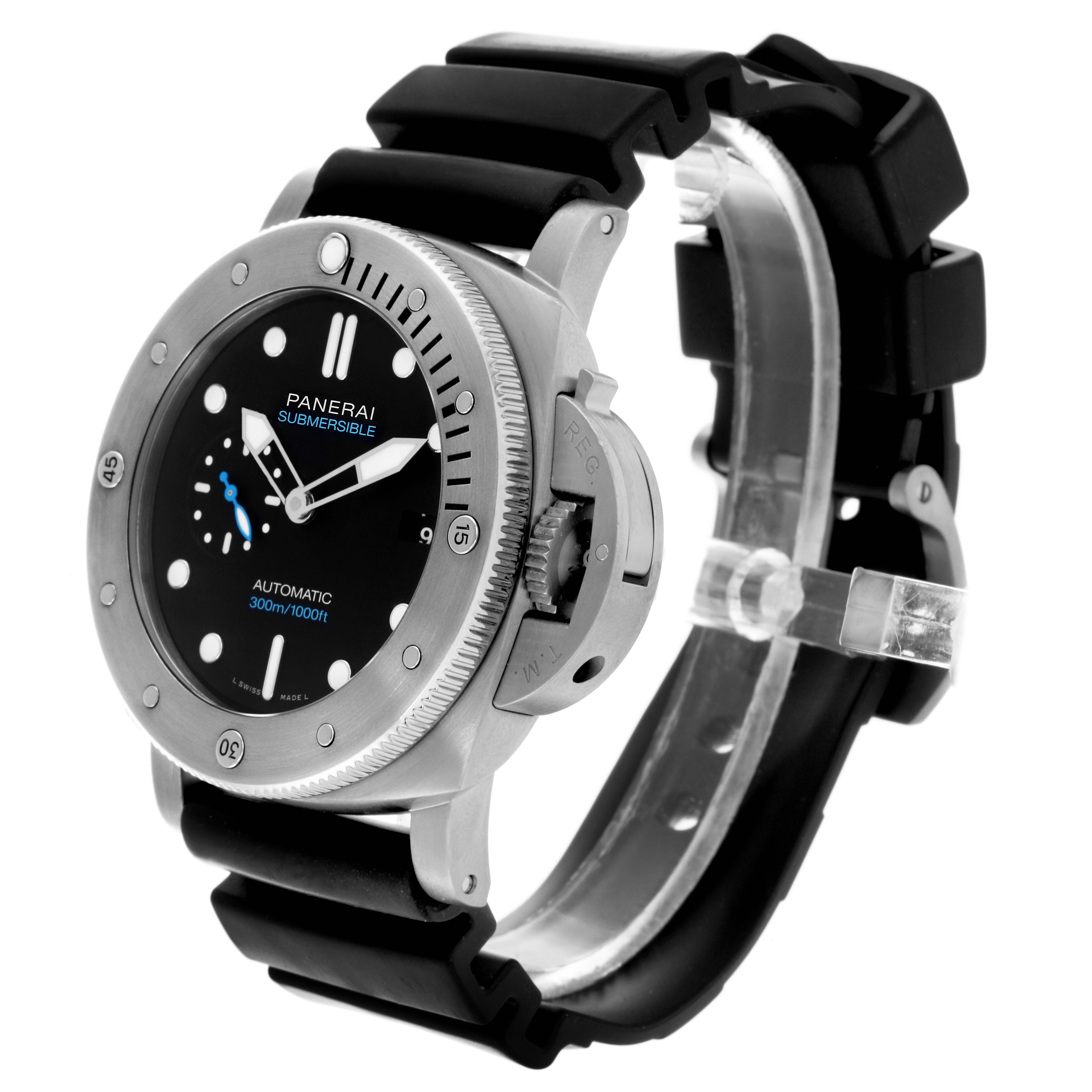 The Panerai Luminor PAM01305 Men's Stainless Steel Black Dial PAM01305 Men's Stainless Steel Black Dial model is shown at a three-quarter angle, highlighting the bezel, dial, crown guard, and rubber strap.