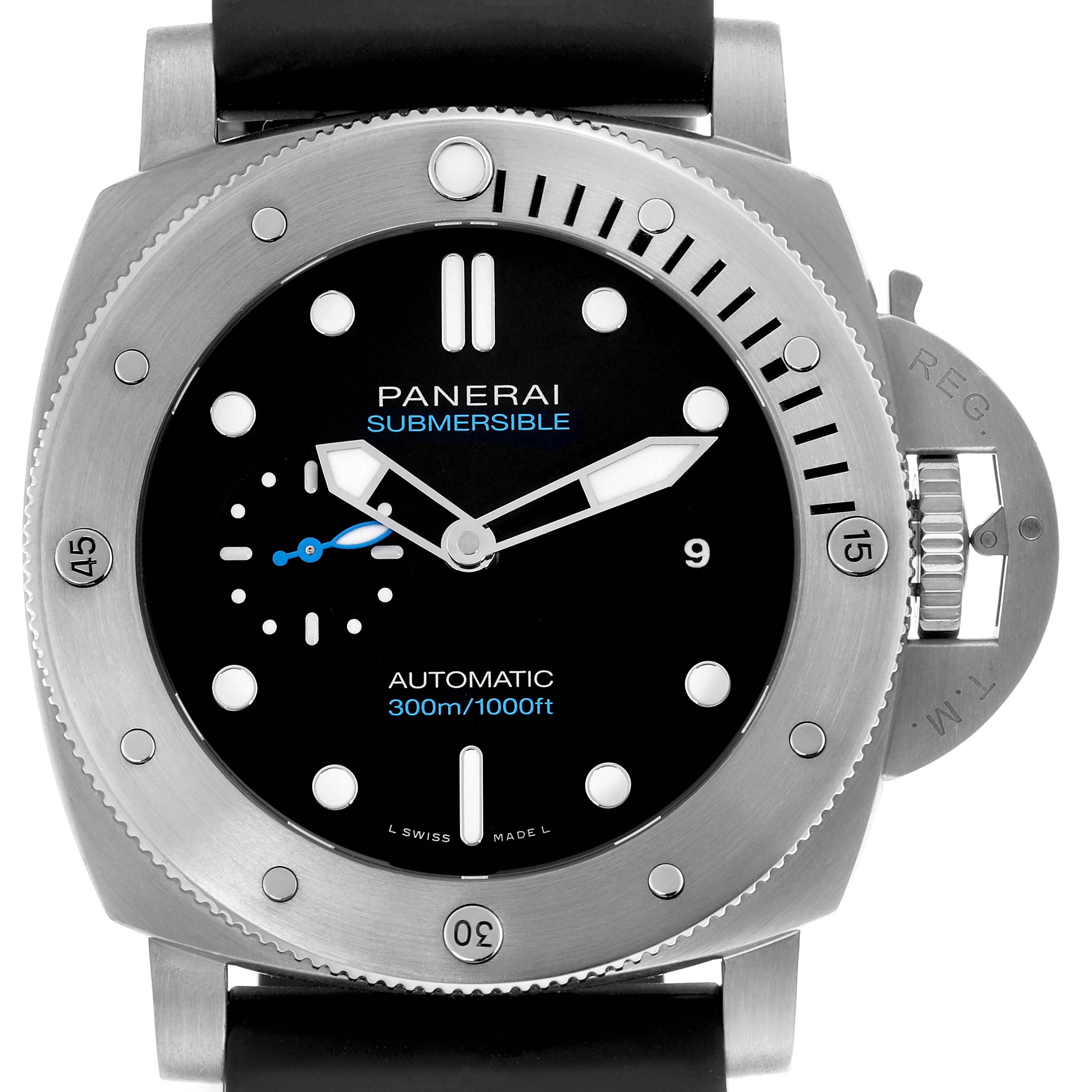 The image shows a front view of the Panerai Luminor PAM01305 Men's Stainless Steel Black Dial PAM01305 Men's Stainless Steel Black Dial watch, displaying its dial, bezel, and crown protection device.