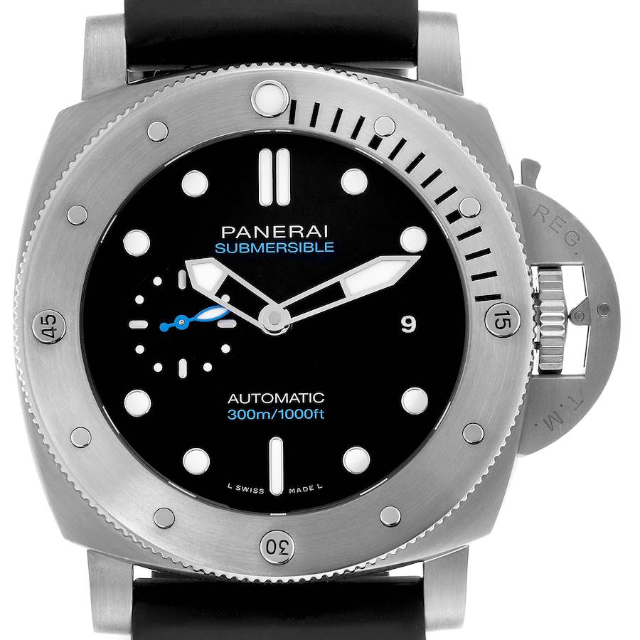 The image shows a front view of the Panerai Luminor PAM01305 Men's Stainless Steel Black Dial PAM01305 Men's Stainless Steel Black Dial watch, displaying its dial, bezel, and crown protection device.