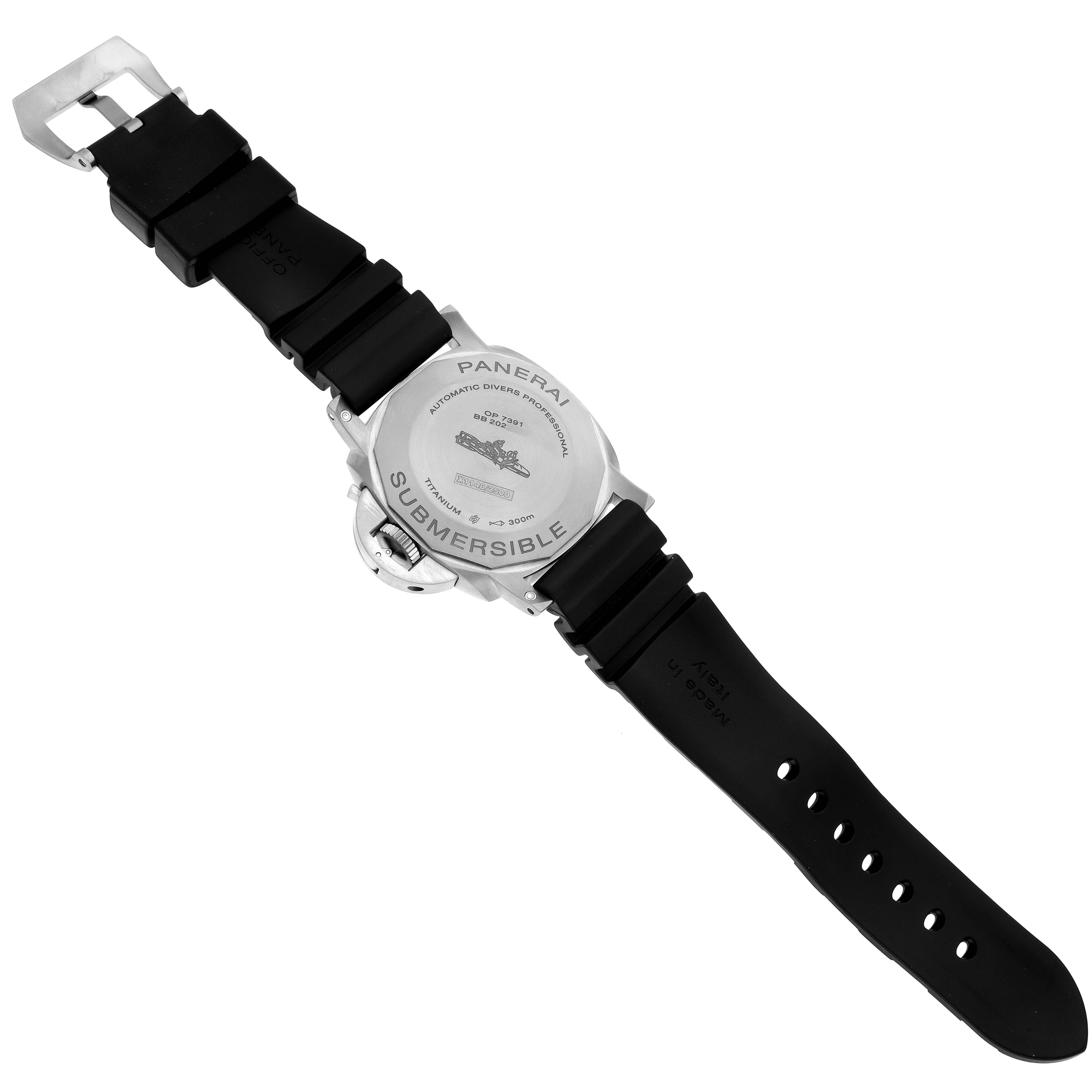 The image shows the back view of a Panerai Luminor PAM01305 Men's Stainless Steel Black Dial PAM01305 Men's Stainless Steel Black Dial watch, highlighting the case back and rubber strap.