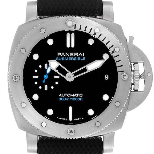 The image shows a front view of the Panerai Submersible PAM00973 Men's Stainless Steel Black Dial PAM00973 Men's Stainless Steel Black Dial watch, displaying its bezel, dial, hands, and crown guard.