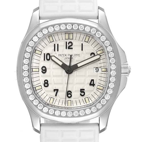 The image shows a front view of the Patek Philippe Aquanaut 5067A Women's Stainless Steel White Dial 5067A Women's Stainless Steel White Dial watch, displaying the dial, bezel, and part of the strap.