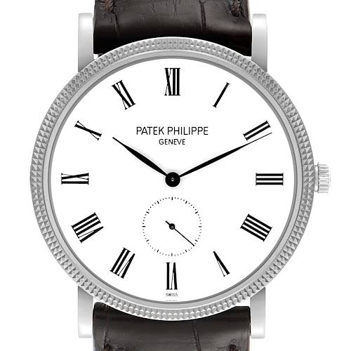 The image shows the front view of the Patek Philippe Calatrava 5119G Men's White Gold White Dial 5119G Men's White Gold White Dial watch, featuring a white dial, Roman numerals, and a leather strap.