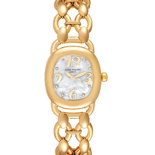 The image shows a front view of a Patek Philippe Golden Ellipse 4830J Women's Yellow Gold Mother of Pearl Dial 4830J Women's Yellow Gold Mother of Pearl Dial model with a gold bracelet and mother-of-pearl dial.