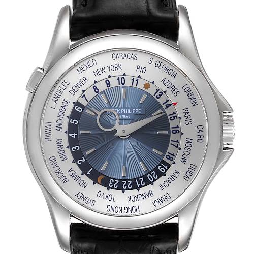 The image shows a frontal view of a Patek Philippe Complications 5130P Men's Platinum Silver Dial 5130P Men's Platinum Silver Dial watch, displaying the watch face, world time indicators, and black leather strap.
