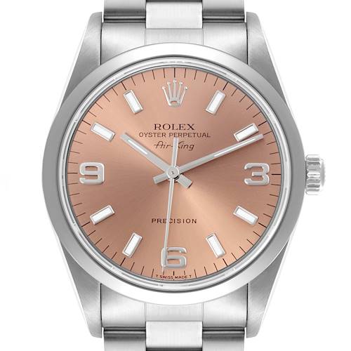 The image shows a Rolex Air-King 14000 Men's Stainless Steel Pink Dial 14000 Men's Stainless Steel Pink Dial watch from a front angle, highlighting the dial, case, and bracelet.