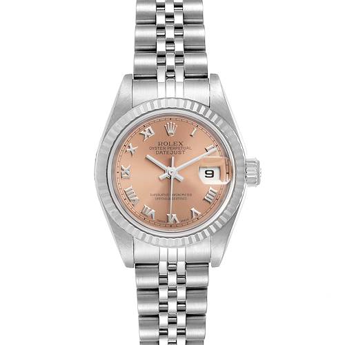 The image shows a frontal view of a Rolex Datejust 79174 Women's Stainless Steel Pink Dial 79174 Women's Stainless Steel Pink Dial watch, highlighting its face, bezel, and bracelet.