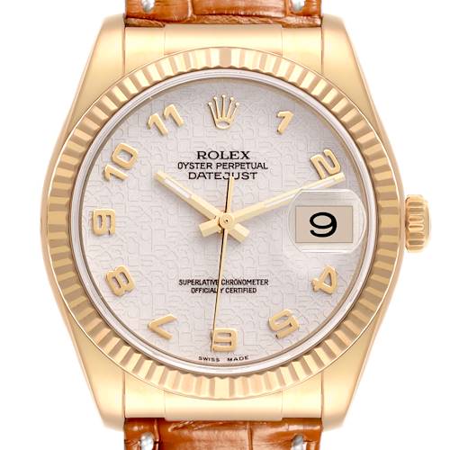 The Rolex Datejust 116138 Men's Yellow Gold White Dial 116138 Men's Yellow Gold White Dial watch is shown from the front, displaying its dial, bezel, and part of the strap.
