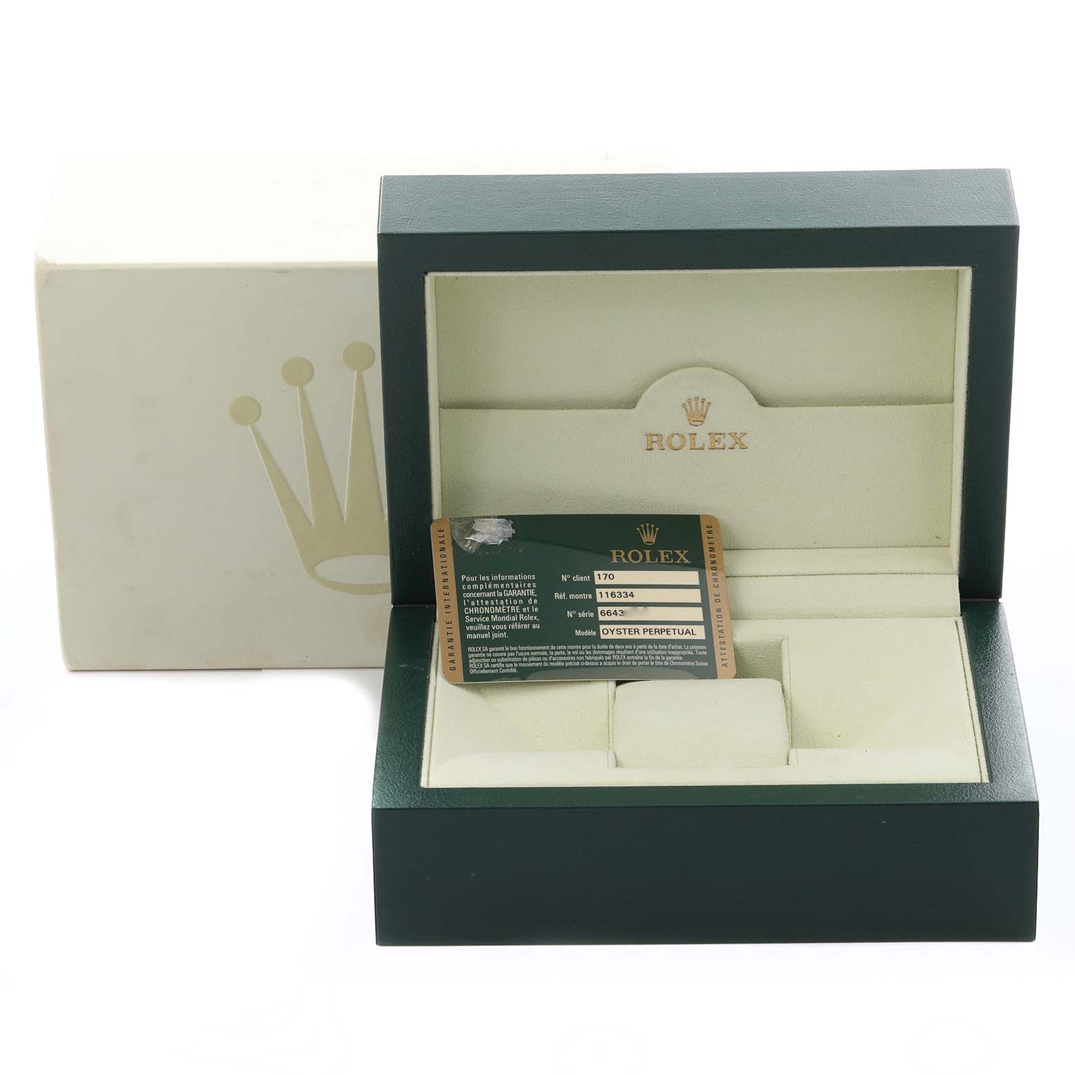 The image shows an open Rolex Datejust 41 116334 Men's Stainless Steel Silver Dial 116334 Men's Stainless Steel Silver Dial watch box with the warranty card inside.