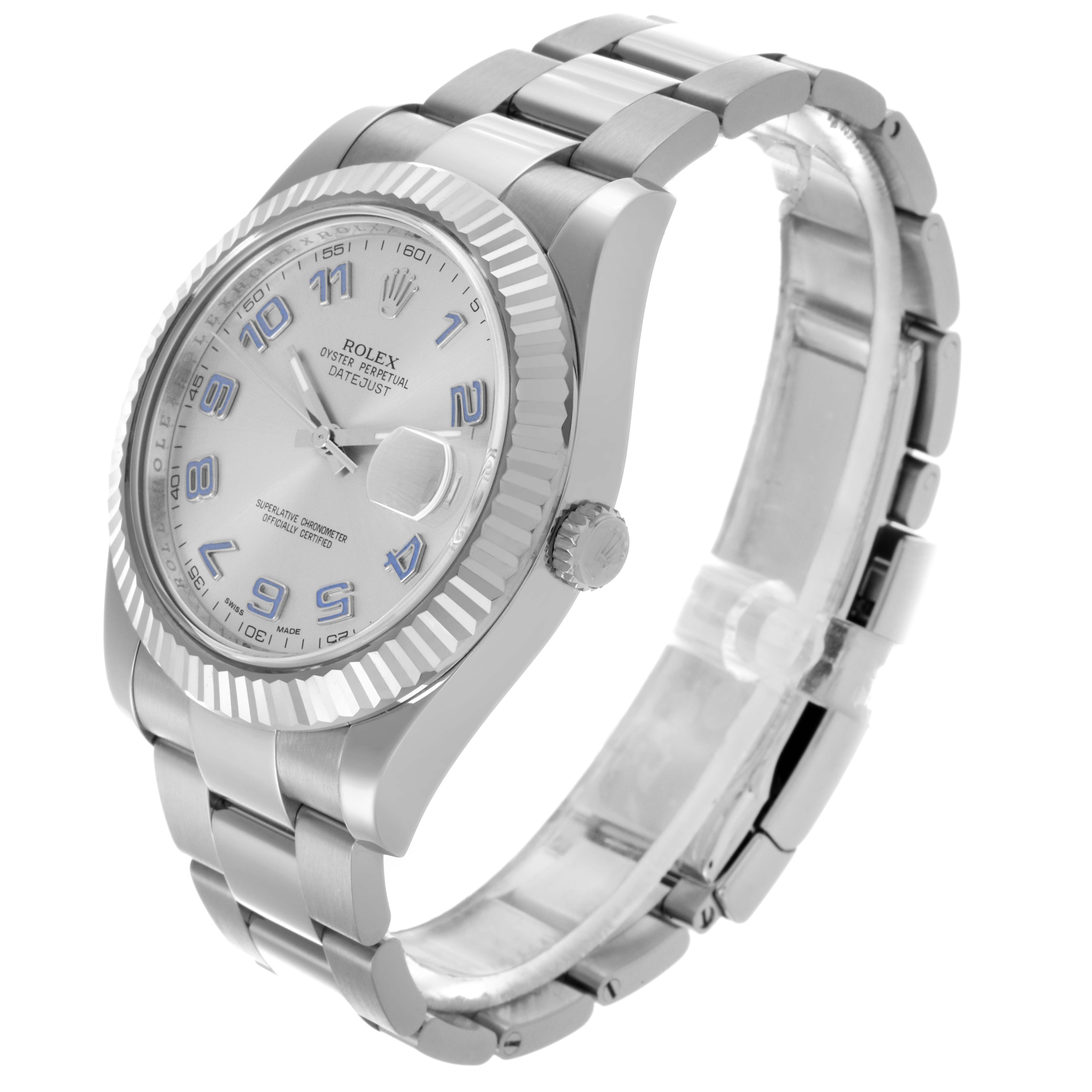 The Rolex Datejust 41 116334 Men's Stainless Steel Silver Dial 116334 Men's Stainless Steel Silver Dial is shown at a three-quarter angle, highlighting the face, bezel, crown, and bracelet.