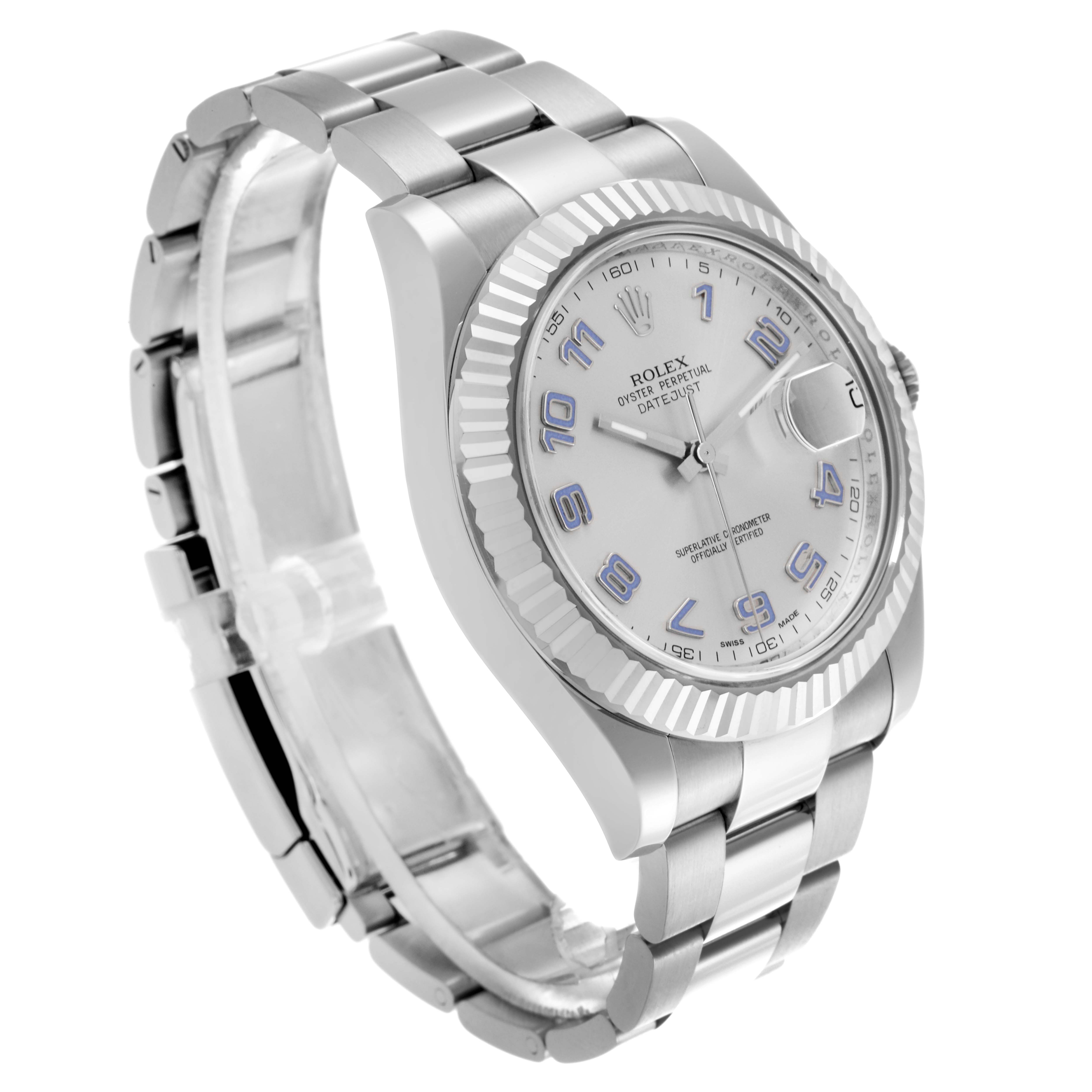 The Rolex Datejust 41 116334 Men's Stainless Steel Silver Dial 116334 Men's Stainless Steel Silver Dial watch is shown at a three-quarter angle, highlighting the dial, bezel, and bracelet.