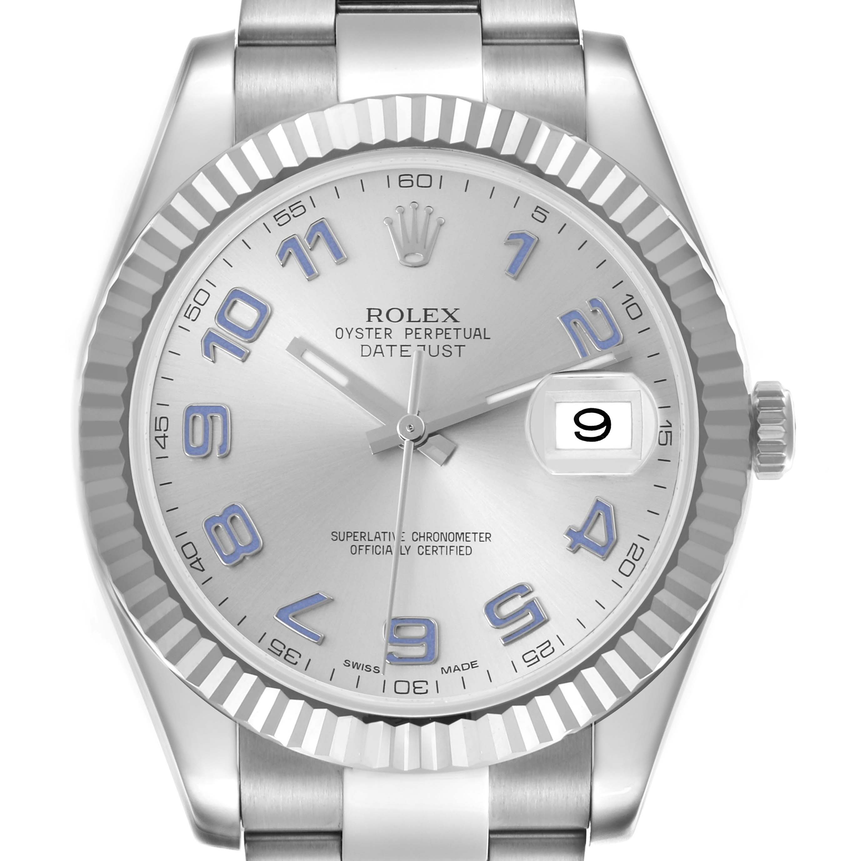The Rolex Datejust 41 116334 Men's Stainless Steel Silver Dial 116334 Men's Stainless Steel Silver Dial is shown from a front angle, highlighting the dial, fluted bezel, hands, and date window.