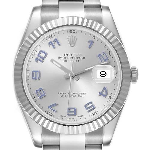 The Rolex Datejust 41 116334 Men's Stainless Steel Silver Dial 116334 Men's Stainless Steel Silver Dial watch is shown from a front view, highlighting the dial, bezel, hands, and crown.