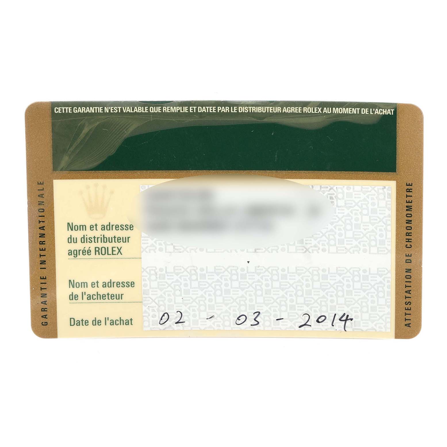 The image shows a warranty card for the Rolex Datejust 41 116334 Men's Stainless Steel Silver Dial 116334 Men's Stainless Steel Silver Dial, displaying purchase information.