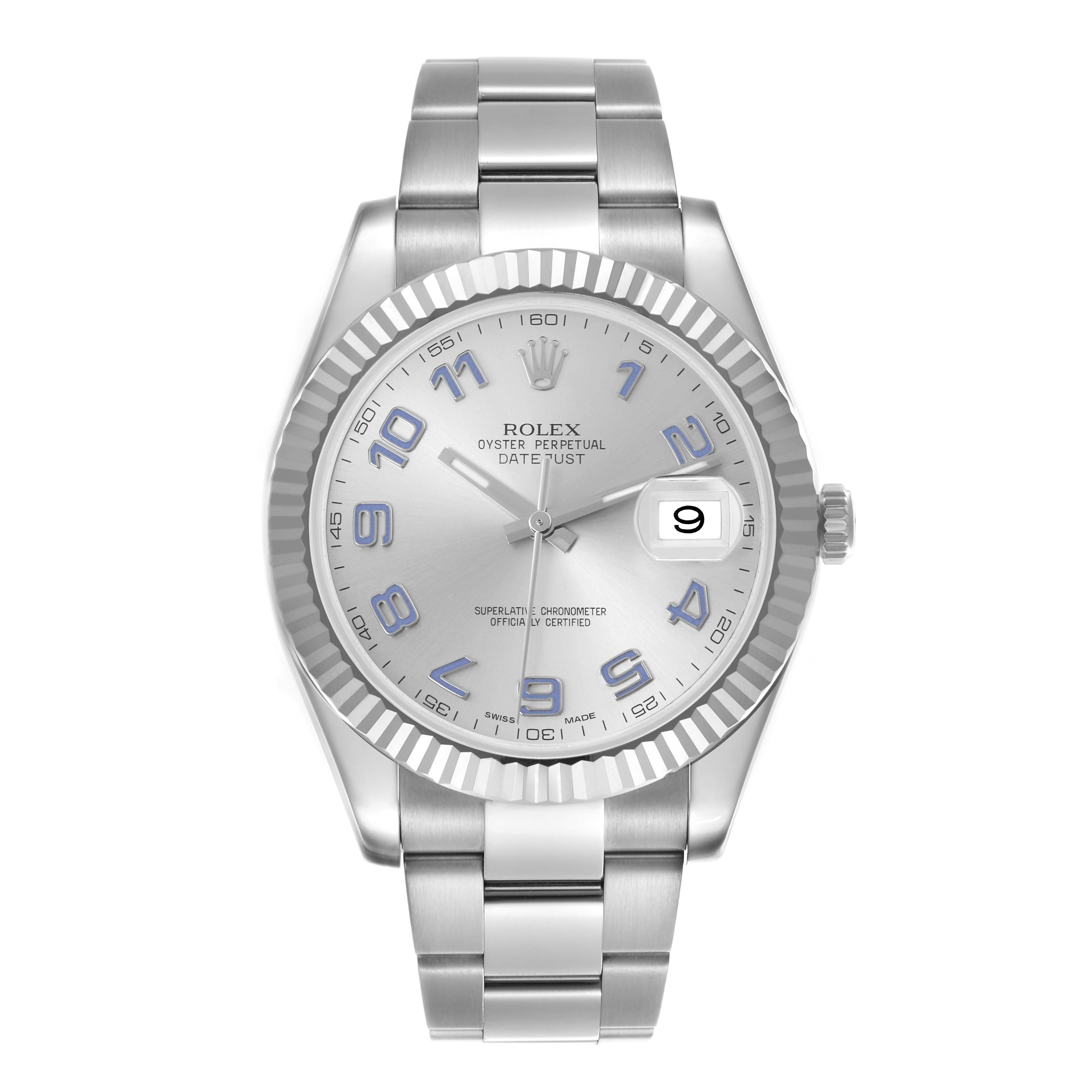 The Rolex Datejust 41 116334 Men's Stainless Steel Silver Dial 116334 Men's Stainless Steel Silver Dial is shown from a front angle, displaying the dial, bezel, hands, and part of the bracelet.