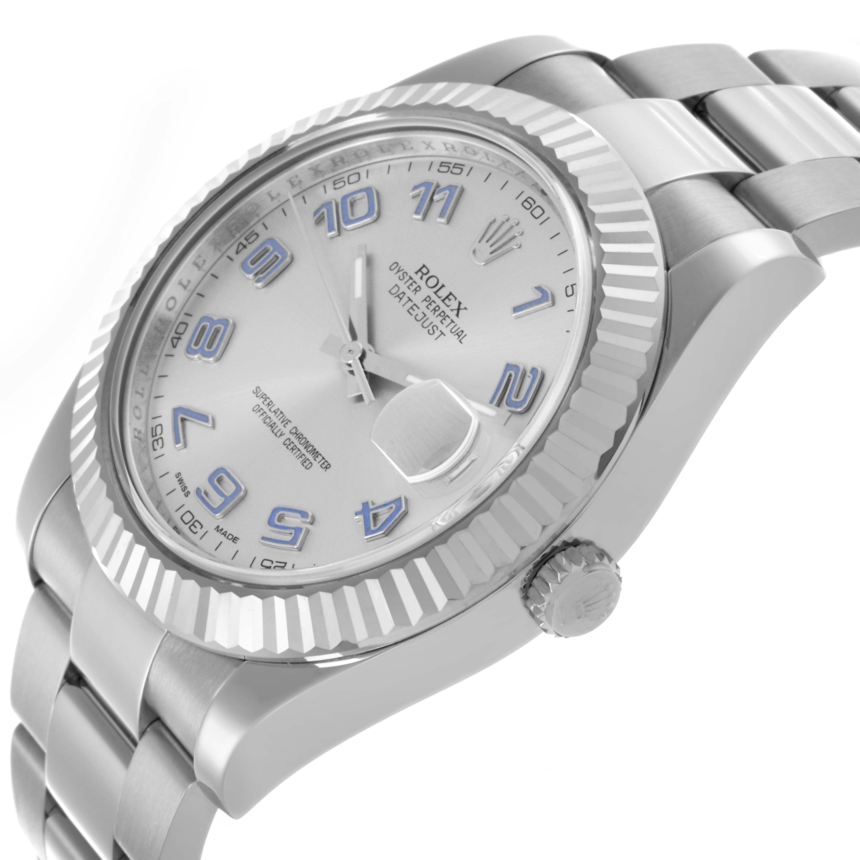 The Rolex Datejust 41 116334 Men's Stainless Steel Silver Dial 116334 Men's Stainless Steel Silver Dial is shown at a slight angle, highlighting the bezel, face, crown, and bracelet.