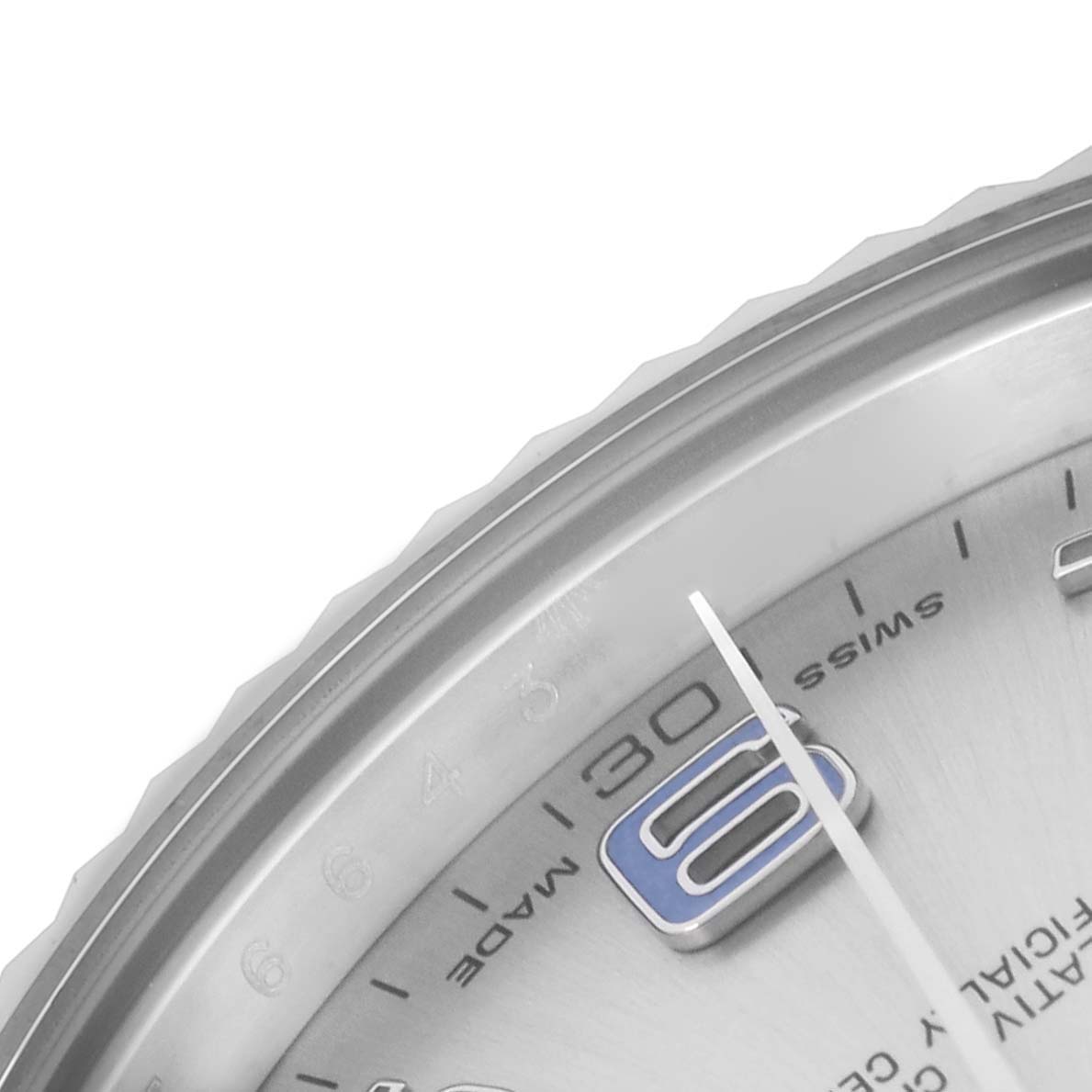 The image shows a close-up of the dial and bezel of a Rolex Datejust 41 116334 Men's Stainless Steel Silver Dial 116334 Men's Stainless Steel Silver Dial, highlighting the 30-minute mark.