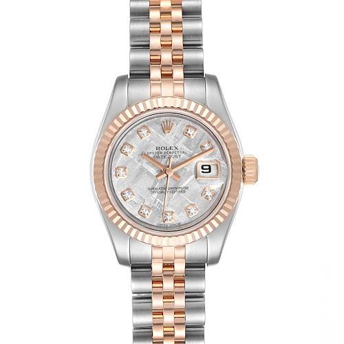 The image shows a Rolex Datejust 179171 Women's Rose Gold Silver Dial 179171 Women's Rose Gold Silver Dial watch with a two-tone stainless steel and rose gold jubilee bracelet, fluted bezel, and diamond hour markers.