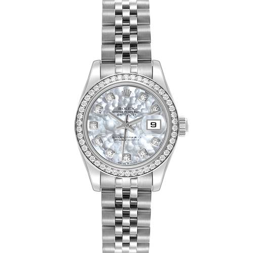This Rolex Datejust 179384 Women's Stainless Steel Mother of Pearl Dial 179384 Women's Stainless Steel Mother of Pearl Dial watch is shown from a straight-on angle, highlighting the face, bezel, and bracelet.