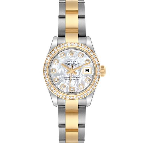 The Rolex Datejust 179383 Women's Steel and Gold (two tone) Mother of Pearl Dial 179383 Women's Steel and Gold (two tone) Mother of Pearl Dial watch is shown from a top view, displaying its dial, diamond bezel, and two-tone bracelet.