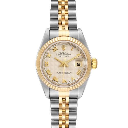 This image shows a frontal view of a Rolex Datejust 79173 Women's Steel and Gold (two tone) Silver Dial 79173 Women's Steel and Gold (two tone) Silver Dial watch, featuring a two-tone bracelet, fluted bezel, and date window at 3 o'clock.