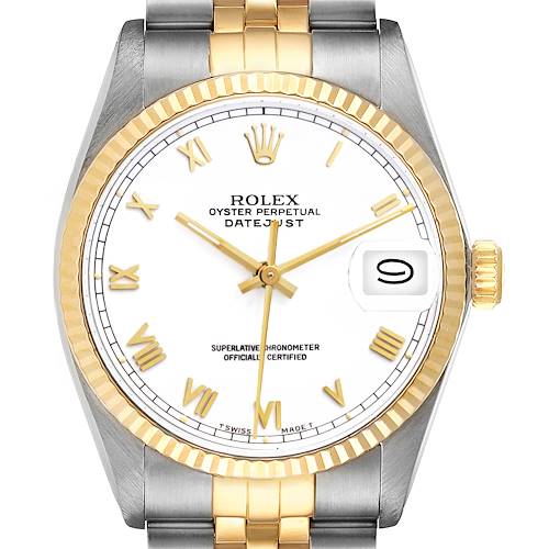 The image shows a front view of the Rolex Vintage Collection 16013 Men's Steel and Gold (two tone) White Dial 16013 Men's Steel and Gold (two tone) White Dial Datejust, displaying the face, bezel, hands, and part of the band.